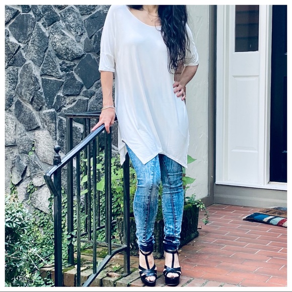 Asymmetrical off white tunic piko knit tunic top - Picture 7 of 8